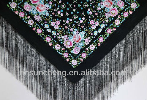 手刺繍シルクショールフラメンコウリンオフリンジ付き- 135*135cm-その他マフラー、ショール問屋・仕入れ・卸・卸売り
