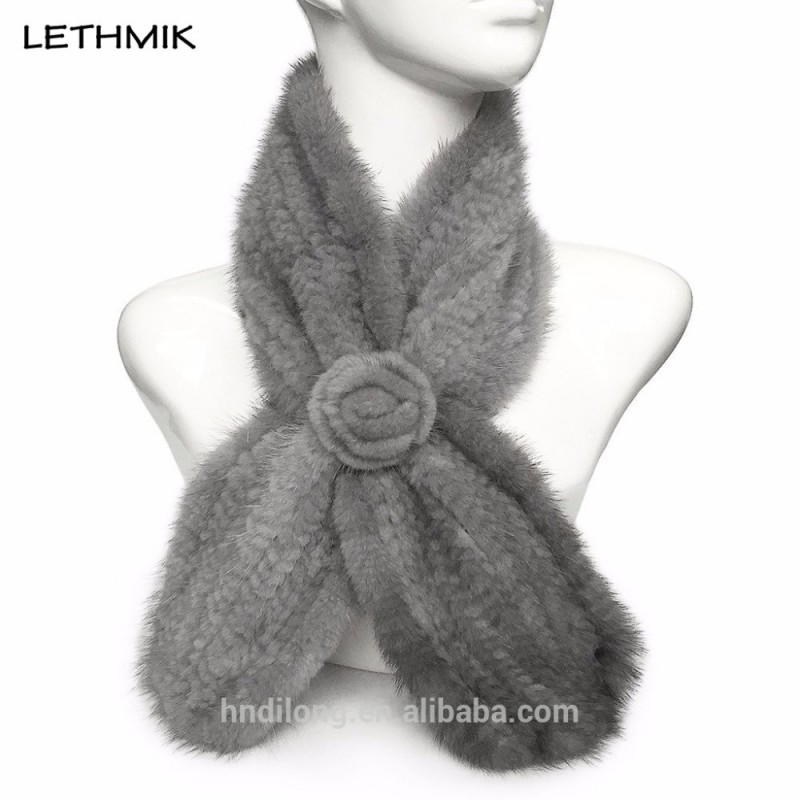 Lethmik冬ファッション女性ミンクの毛皮ニットスカーフ付きローズフラワーボタン-ファーマフラー問屋・仕入れ・卸・卸売り