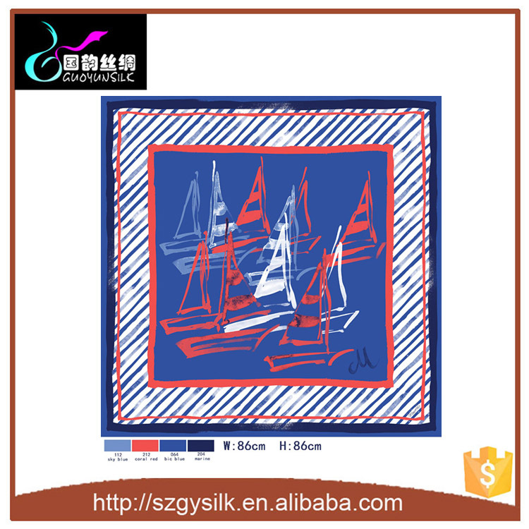 海洋スタイルの帆船のパターンプリントツイル100％絹スカーフ卸売中国-シルクスカーフ問屋・仕入れ・卸・卸売り