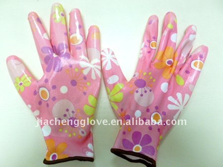 カラフルなjs511-n1園芸手袋ニトリルでコーティングされた、 安全手袋、 作業手袋、 花模様-、 中国-綿手袋、ミトン問屋・仕入れ・卸・卸売り