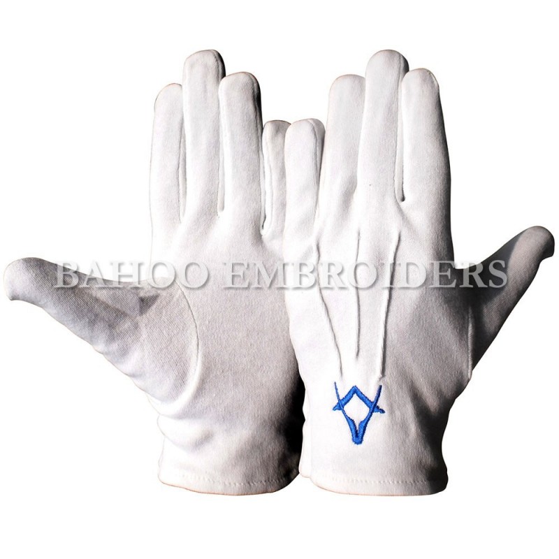 フリーメーソン・コンパスを持つ正方形の白い手袋青で刺繍-綿手袋、ミトン問屋・仕入れ・卸・卸売り