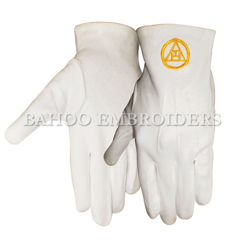 白い綿の手袋フリーメーソンロイヤルアーチと黄色の刺繍-綿手袋、ミトン問屋・仕入れ・卸・卸売り