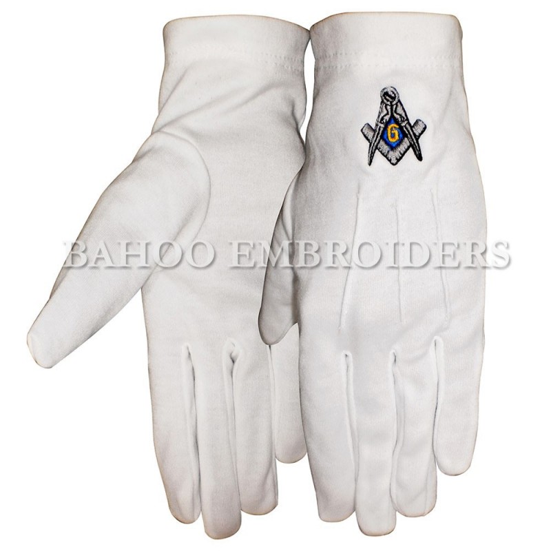 白い綿の手袋フリーメーソン|刺繍ロゴ入り綿の手袋-綿手袋、ミトン問屋・仕入れ・卸・卸売り