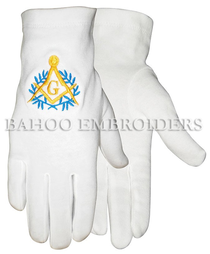 白い綿の手袋フリーメーソンフレンチ儀式・青と黄色の刺繍-綿手袋、ミトン問屋・仕入れ・卸・卸売り