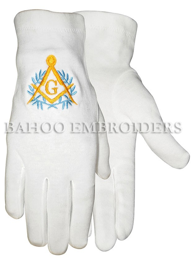 白い綿の手袋フリーメーソンフレンチ儀式・スカイブルーと黄色の刺繍-綿手袋、ミトン問屋・仕入れ・卸・卸売り