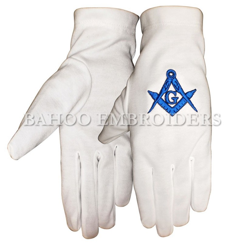 白い綿の手袋フリーメーソン刺繍正方形・g付きコンパス-綿手袋、ミトン問屋・仕入れ・卸・卸売り