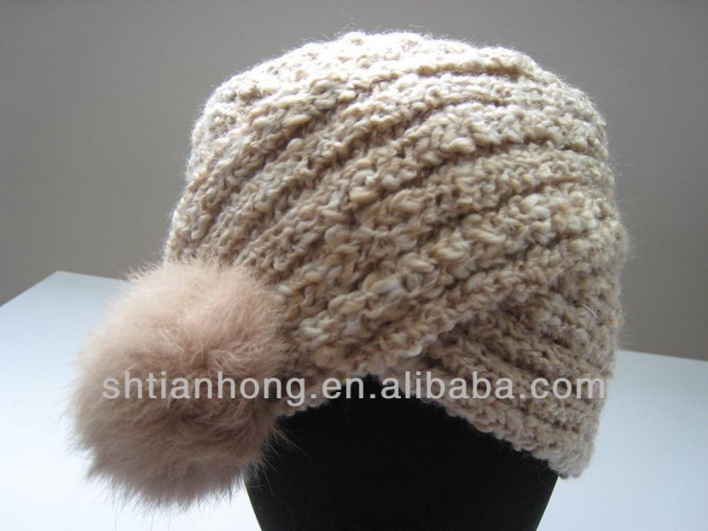 ファッションアクリルニットかぎ針編みのベレー帽のウサギの毛皮付き-子供用帽子、キャップ問屋・仕入れ・卸・卸売り