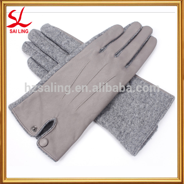 レディースレザーファッションドレスニット混紡手袋が付いている灰色の金属ボタン-皮手袋、ミトン問屋・仕入れ・卸・卸売り
