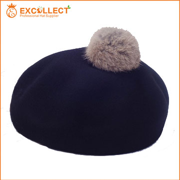 女性ファッション冬暖かい2015ウール黒ベレー帽の帽子pompom-ベレー帽問屋・仕入れ・卸・卸売り