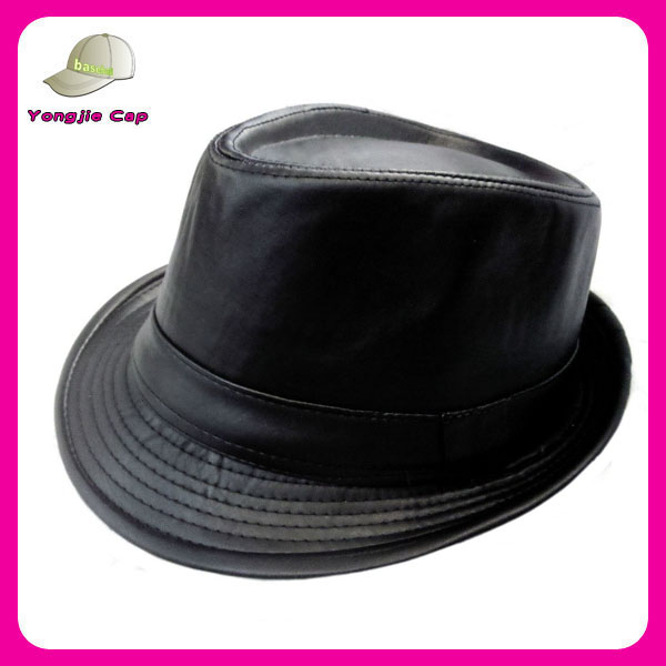 輝きのあるシンプルな黒列席用革フェドーラ帽-ソフト帽の帽子問屋・仕入れ・卸・卸売り