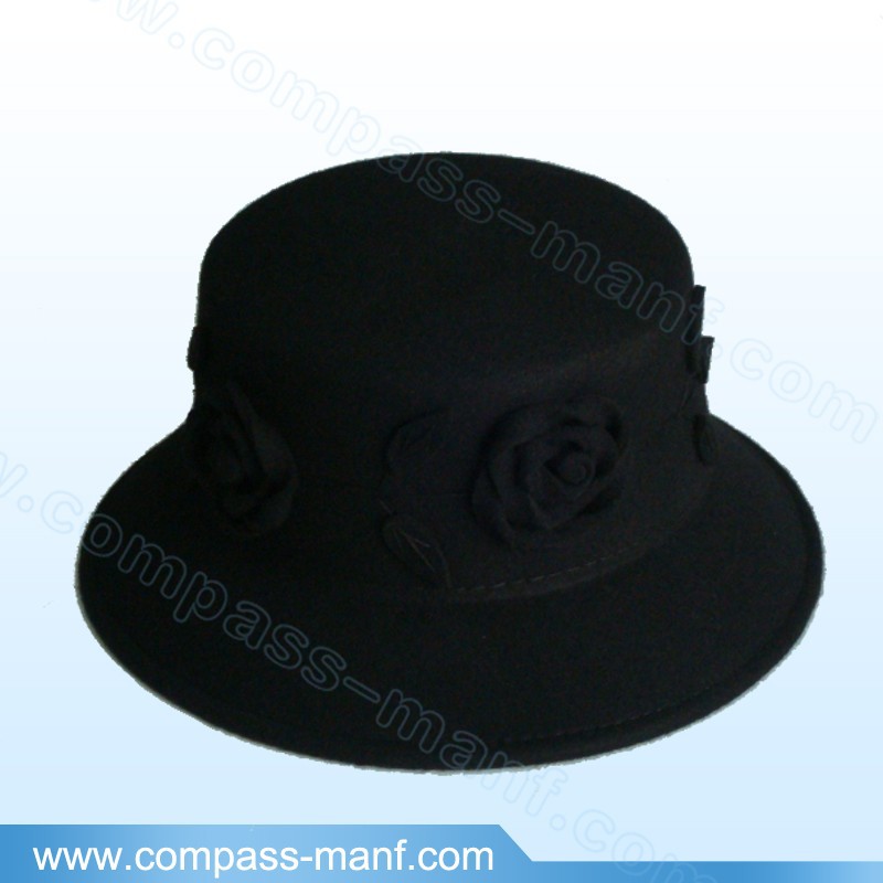 飾った固体黒い色ウールバケットハット-ソフト帽の帽子問屋・仕入れ・卸・卸売り