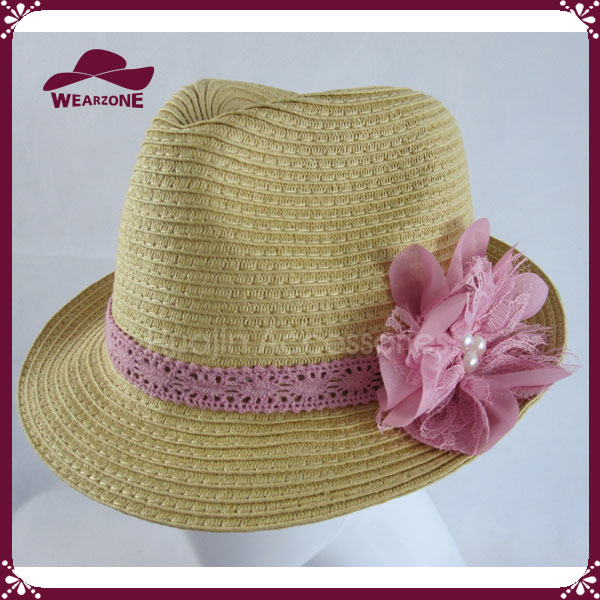 紙わらパーティーfedoraの帽子でピンクレースフラワー-パーティーハット問屋・仕入れ・卸・卸売り