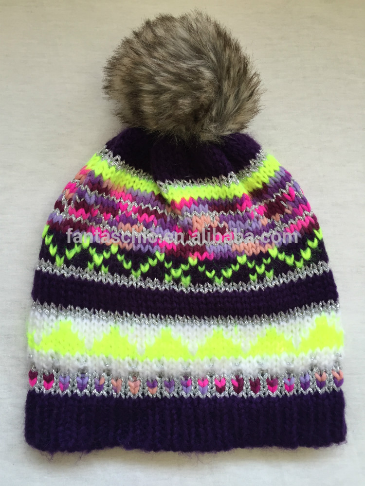 ファッション冬ニット毛皮のポンポンビーニー帽子用女性と若い女の子-冬用帽子問屋・仕入れ・卸・卸売り