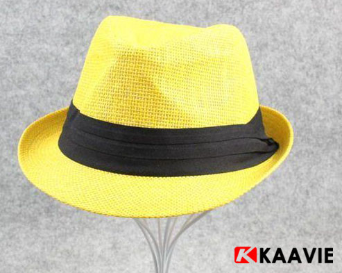 卸売黄色黒帯が付いているファッションフェドーラわら帽子広州で行われた中国-麦わら帽子問屋・仕入れ・卸・卸売り