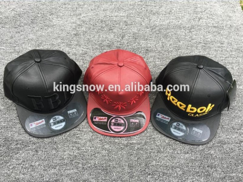 カスタム黒puレザースナップバックキャップ付き6パネルスナップバック帽子。-スポーツキャップ問屋・仕入れ・卸・卸売り