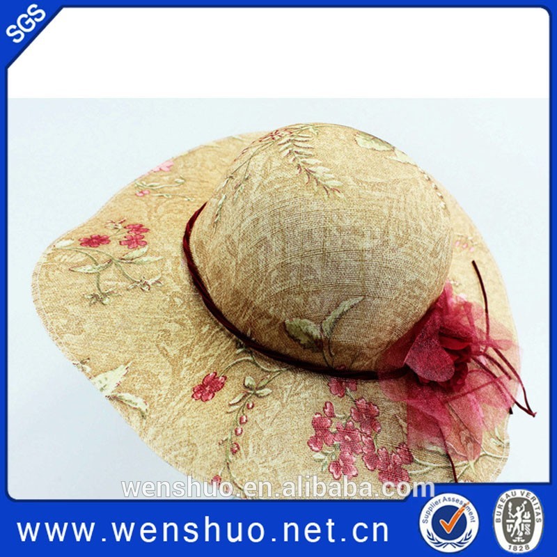 浜の夏の長いつば麦わら帽子sunhatフラワー印刷大-麦わら帽子問屋・仕入れ・卸・卸売り