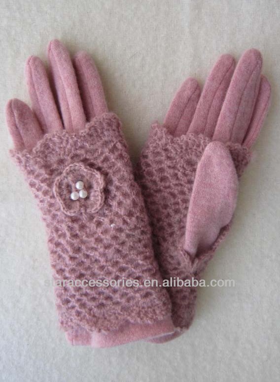Fw 2014レディースピンク二重層ウール手袋でかぎ針編みハンドウォーマー-ウール手袋、ミトン問屋・仕入れ・卸・卸売り