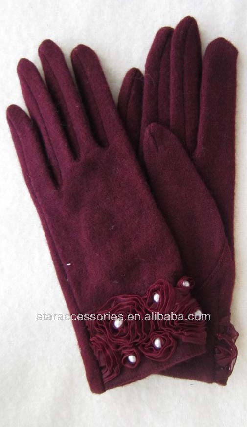 2014ベストセラーレディースウール手袋付き花と真珠-ウール手袋、ミトン問屋・仕入れ・卸・卸売り