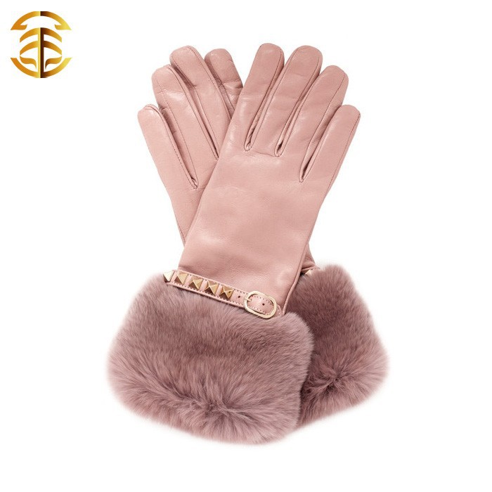 新しいデザインピンク女性本laether毛皮のウサギの毛皮のトリムで手の手袋-カシミヤ手袋、ミトン問屋・仕入れ・卸・卸売り