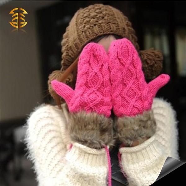 冬のウールファニーミトン指なしのミトン手作り韓国スタイルのウサギの毛皮のミトン-カシミヤ手袋、ミトン問屋・仕入れ・卸・卸売り