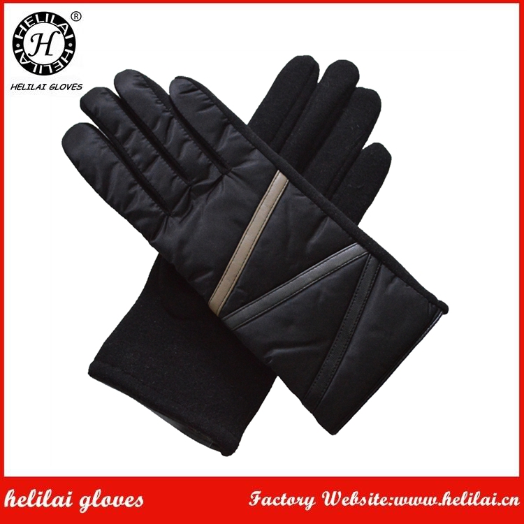 安いhelilaiファブリックの手袋、 黒ストリップ女性のpuを搭載したソフト暖かい手袋-ウール手袋、ミトン問屋・仕入れ・卸・卸売り