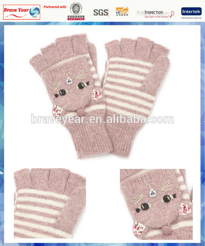 ふわふわの猫かぶった若い女の子のニットニット冬帽子ミトン-ウール手袋、ミトン問屋・仕入れ・卸・卸売り
