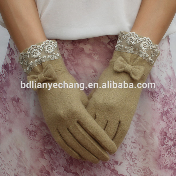 ちょう結びの飾りレーストリミングベージュウールカスタムセックス女性のための手袋-ウール手袋、ミトン問屋・仕入れ・卸・卸売り