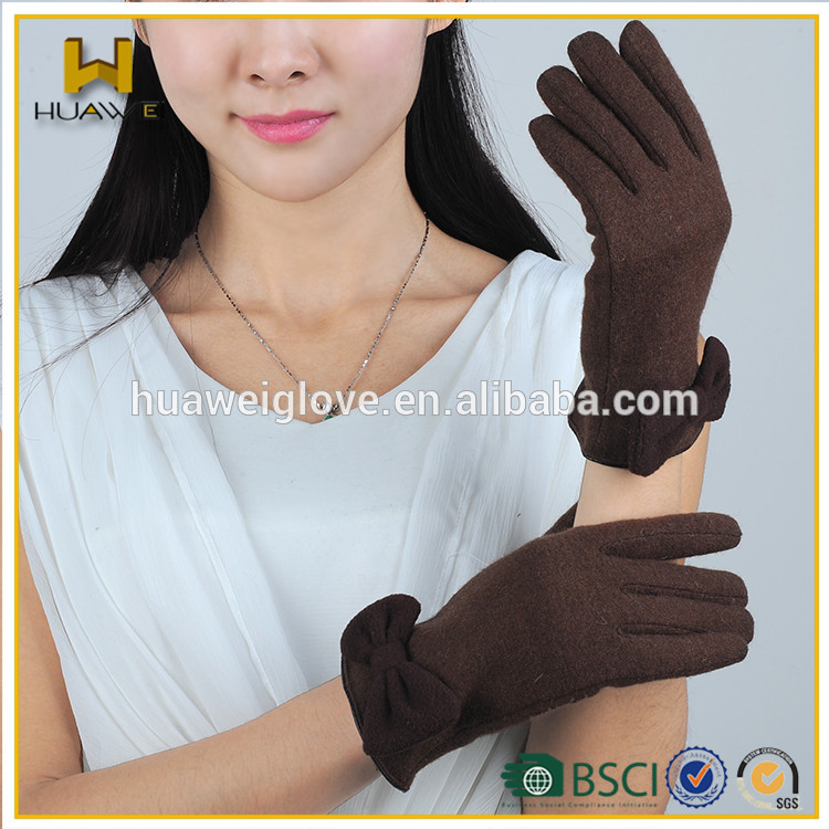 茶色の冬暖かいウール手袋ちょう結びと手首に、 ファッション女性のウールの手袋フリースの裏地付き-ウール手袋、ミトン問屋・仕入れ・卸・卸売り
