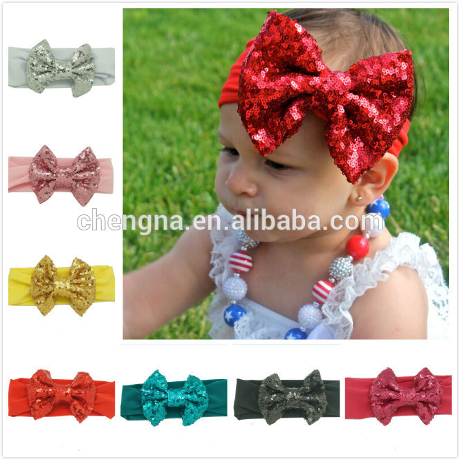 子供の毛の弓headwraps結ばれた大スパンコール赤ちゃん弾性綿ヘッドバンド-ヘアバンド問屋・仕入れ・卸・卸売り
