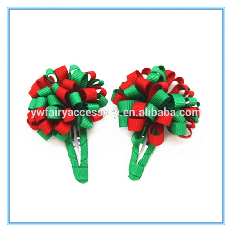 の応援の弓クリスマスカーリーリボンの花のヘアクリップは子供-ヘアピン問屋・仕入れ・卸・卸売り
