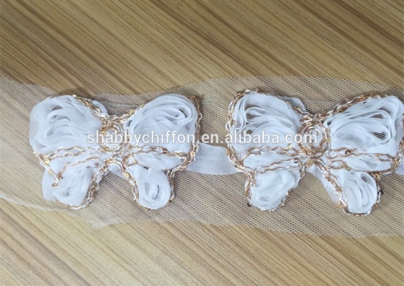 シフォンぼろぼろの3x2. 5" 蝶w/ゴールドスパンコールトリムファブリック・手芸用品バネバラの花の毛の弓アップリケ赤ちゃんヘッドバンド-その他ヘッドウエア問屋・仕入れ・卸・卸売り