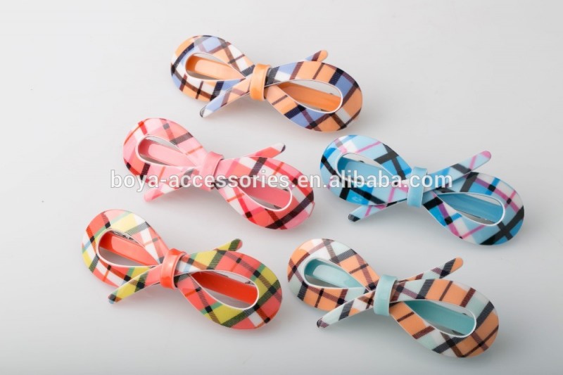 2015新しい開発格子縞の蝶バレッタニースメタルヘア装飾レディースプラスチックバレッタ-問屋・仕入れ・卸・卸売り