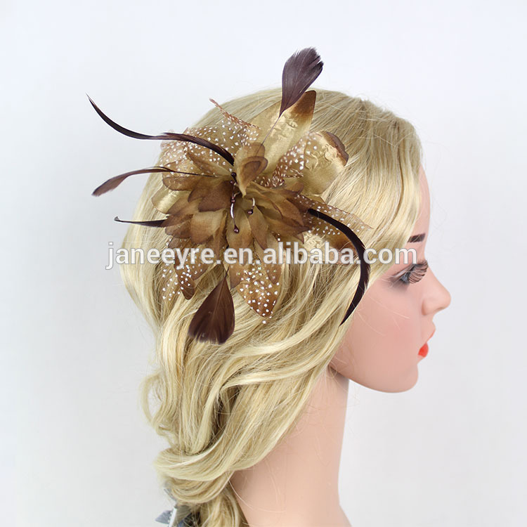 ファッショナブルな茶色の羽飾りコーム付きキュートな女の子の髪の花-その他ヘアアクセサリー問屋・仕入れ・卸・卸売り