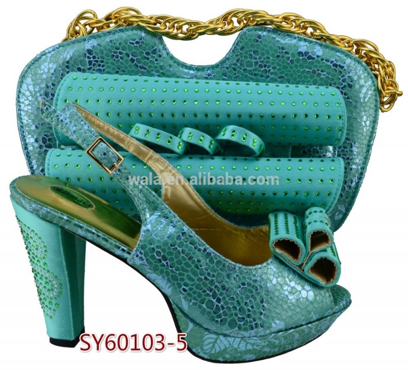 SY60103-5水緑マッチング イタリア靴と バッグ セット用レディ スクエア ヒール靴-問屋・仕入れ・卸・卸売り