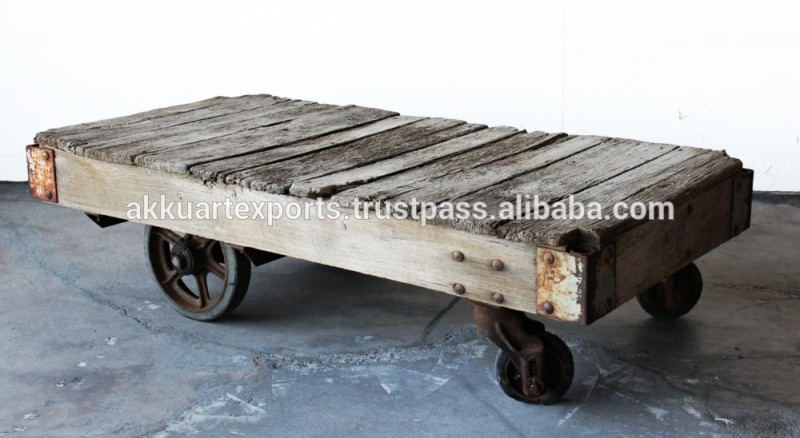 インドアンティーク鉄道の枕木の木材のコーヒーテーブル車輪付きカート-木製テーブル問屋・仕入れ・卸・卸売り