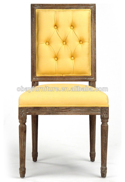 ペアルイ世黄色タフトリネンダイニング側椅子、木製ユーズド加工ヴィンテージチェア-ダイニングチェア問屋・仕入れ・卸・卸売り