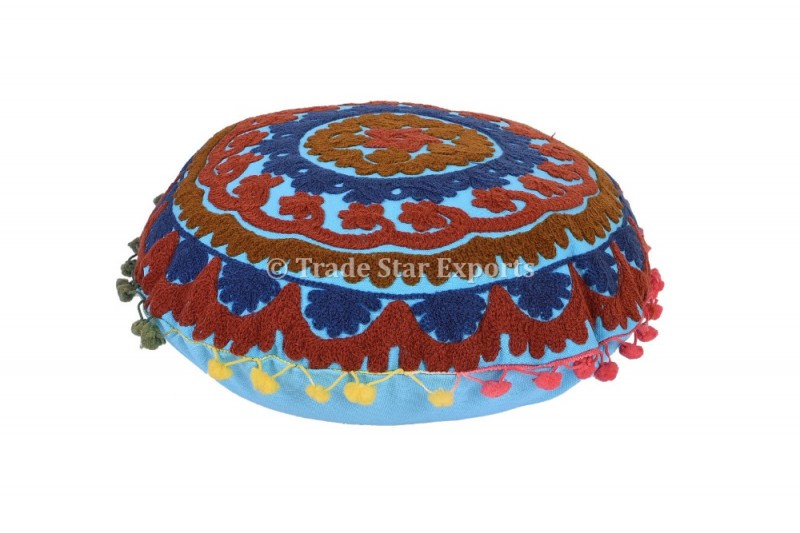 Suzani曼荼羅床オットマンpoufsインド装飾床枕刺繍クッションカバー16 "スローシャムスでポンポンポンポンレース-スツール＆オットマン問屋・仕入れ・卸・卸売り