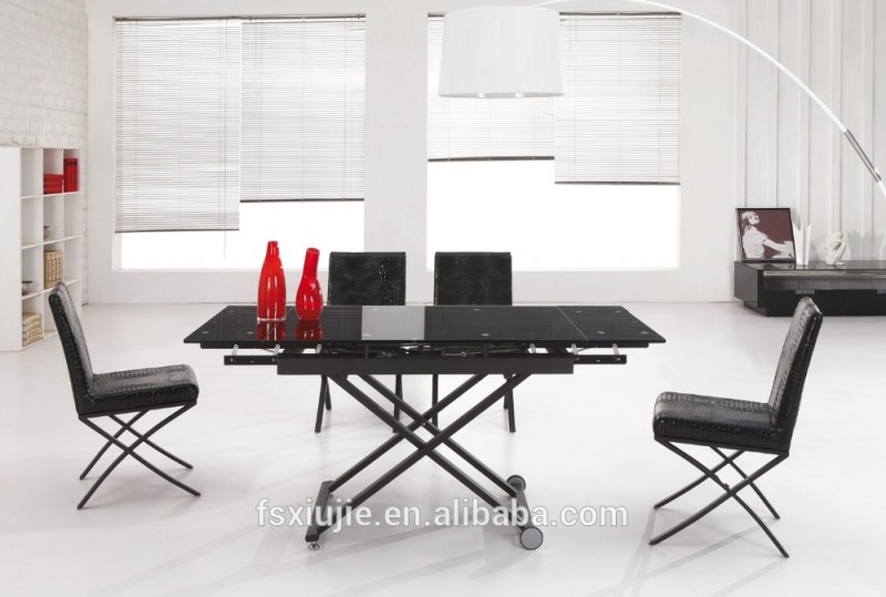 卸売l808hソリッドブラック色、 伸縮とガラスのコーヒーテーブル高さを調整19" に29"-コーヒーテーブル問屋・仕入れ・卸・卸売り