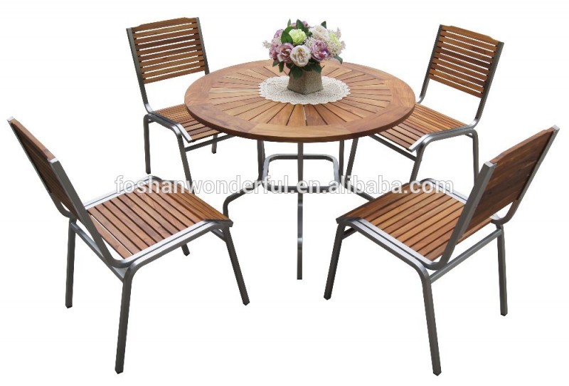 新しいデザイン2015チークテーブルと椅子ステンレスフレーム付ガーデン家具用-ガーデンセット問屋・仕入れ・卸・卸売り