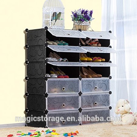 マルチユースプラスチック12キューブdiyシューズラック、 黒白いドアとのシューズキャビネット-その他プラスチック製家具問屋・仕入れ・卸・卸売り