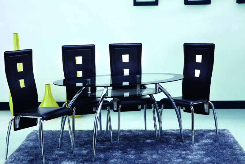 オーバル形状強化ガラストップダイニングテーブルと椅子-金属製家具セット問屋・仕入れ・卸・卸売り