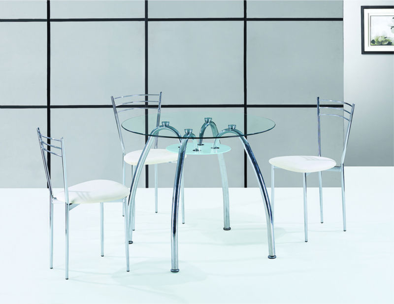 ラウンド強化ガラスダイニングテーブル付きレザー椅子-金属製家具セット問屋・仕入れ・卸・卸売り