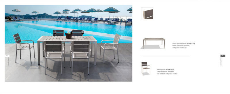 つや消しアルミニウム2015ガーデンファッションuvプラスチック木材のダイニングテーブルと椅子wpc商業家具-ガーデンセット問屋・仕入れ・卸・卸売り