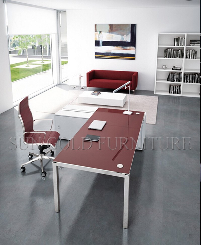 現代スタイルオフィスマネージャーテーブル赤いガラスエグゼクティブオフィスデスク(SZ-OD493)-オフィスパーティション問屋・仕入れ・卸・卸売り