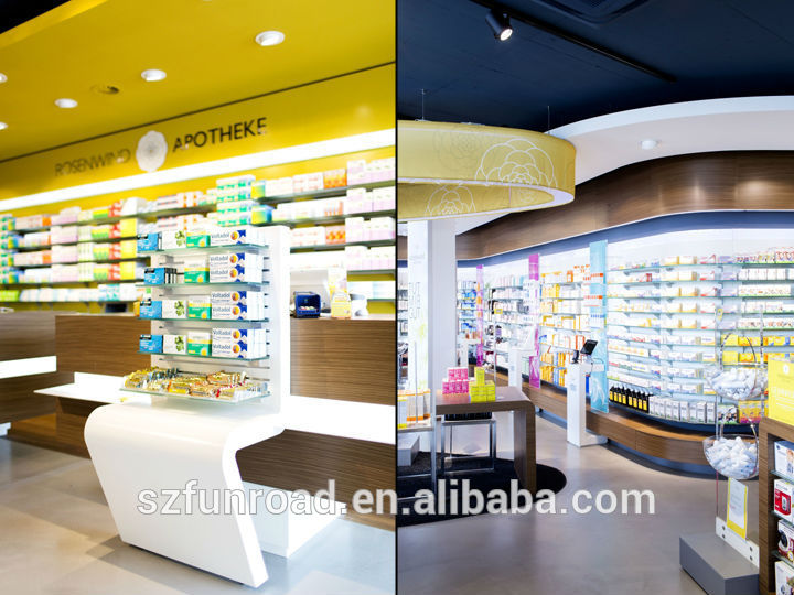 新しいスタイル木製薬局棚で黄色と白仕上げ-その他木製家具問屋・仕入れ・卸・卸売り