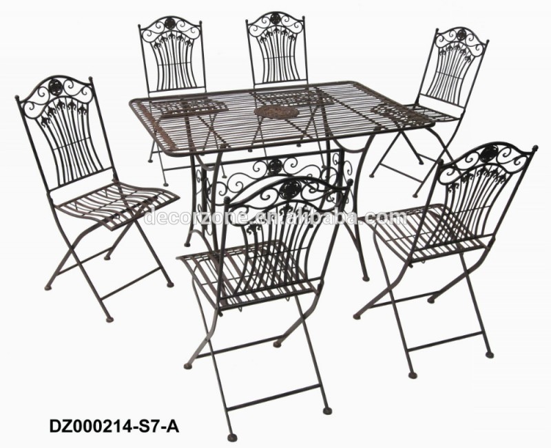 素朴な鉄折りたたみダイニングテーブルと椅子セット( 1テーブル+ 6椅子)-金属製家具セット問屋・仕入れ・卸・卸売り