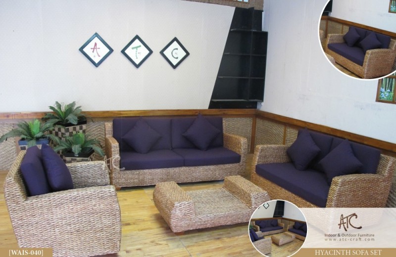 2016ホット販売籐リビングルームのソファホーム家具(acasia木材フレーム、手織りによるホテイアオイ)-折り畳み式家具セット問屋・仕入れ・卸・卸売り