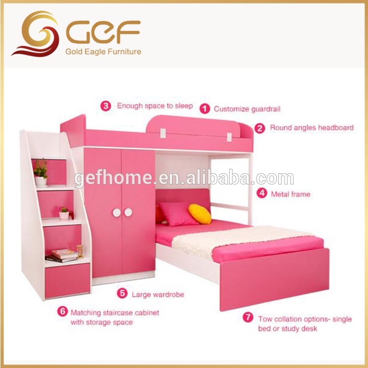 子供木製安い二段ベッドで勉強机とキャビネット階段GEF-KB-126-子供用ベッド問屋・仕入れ・卸・卸売り