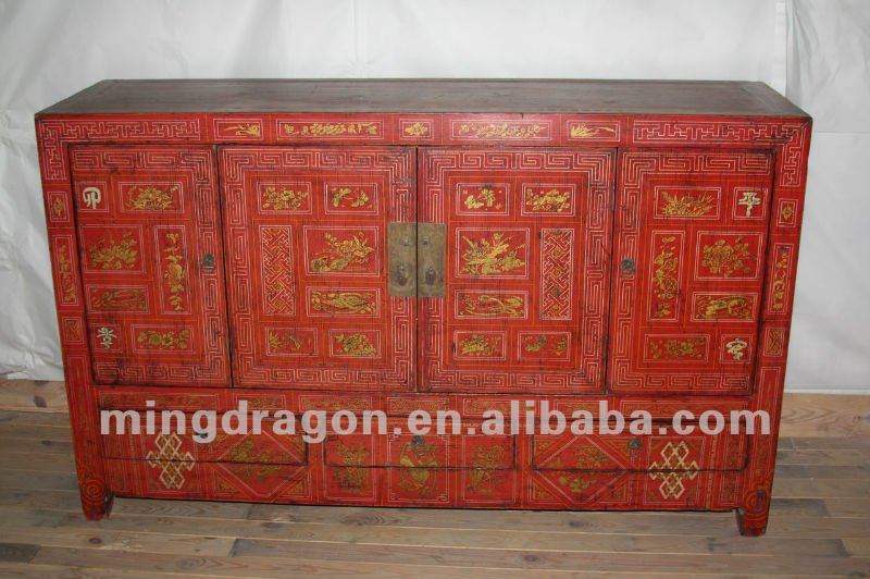 中国のアンティーク家具赤・黄金の油絵は3つ4foor引き出しキャビネット-その他アンティーク家具問屋・仕入れ・卸・卸売り