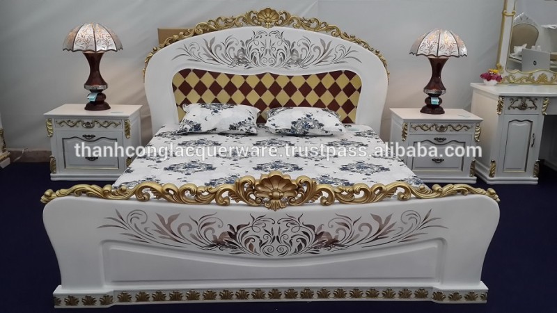 高級ダブルベッドセット寝室用家具2016木彫りsilverleafでゴールド、pennshellパターン、背景で白マット-ベッド問屋・仕入れ・卸・卸売り